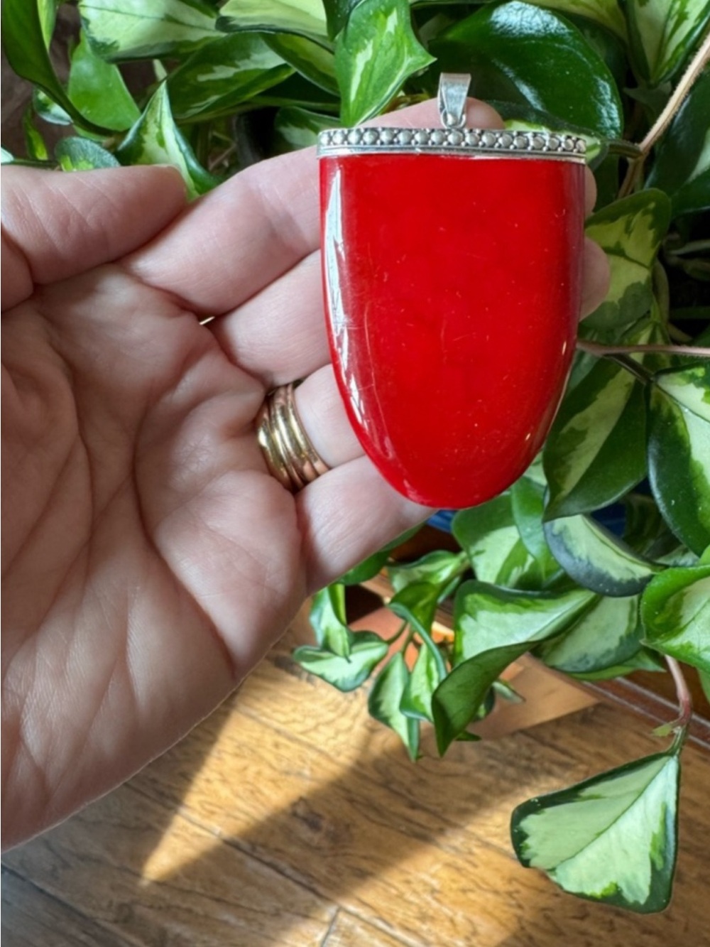 Huge and authentic Red Coral and Solid Sterling Pendant